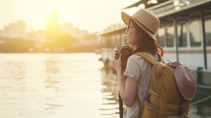 Obraz premium Young Asian woman backpack traveler using a camera in express boat pier on Chao Phraya River in Bangkok. Journey trip lifestyle, world travel explorer or Asia summer tourism concept. : Generative AI