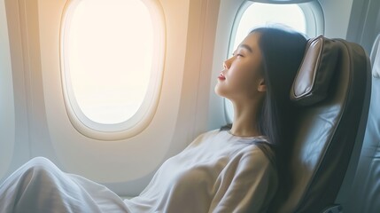 Asian woman sitting in a seat in airplane and looking out the window going on a trip vacation travel concept : Generative AI