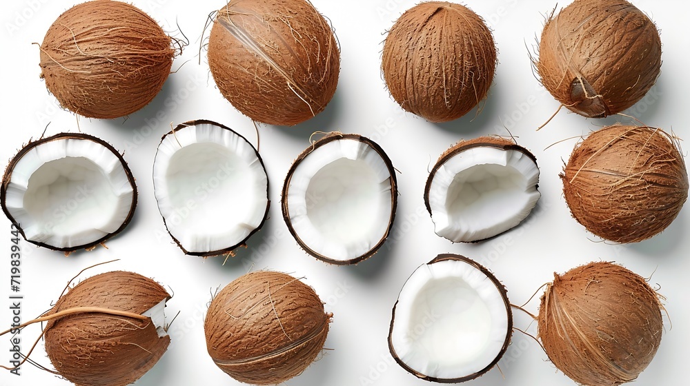 Poster set of fresh whole and half coconut and slices isolated on white background, top view : generative a