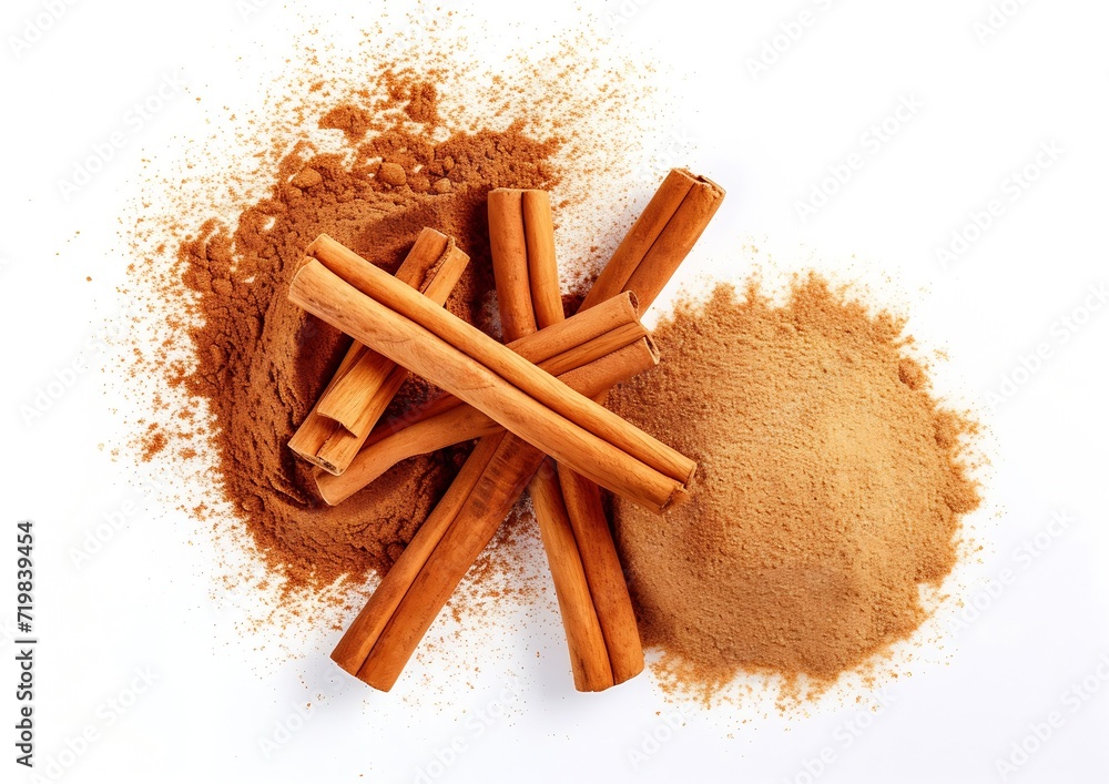Poster cinnamon sticks and heap of powder isolated on white background, top view : generative ai