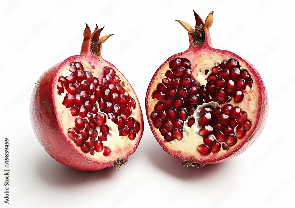 Poster pomegranate with cut in half isolated on white background. : generative ai