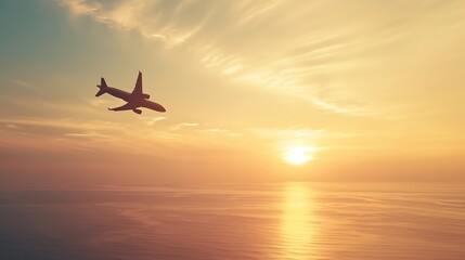Fototapeta na wymiar Airplane flying above tropical sea at sunset : Generative AI