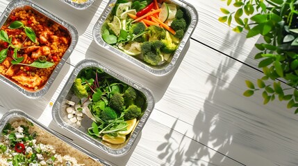 Diet plan mockup with healthy restaurant food delivery. Natural organic fitness nutrition for diet. Daily meals in foil boxes with copy space at white wood. Top view, flat lay : Generative AI