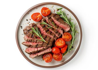 Grilled sliced Beef Steak with tomatoes and rosemary on a plate Isolated on white background top view : Generative AI
