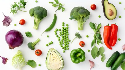 Creative layout made of green peas, cabbage, sweet potato, avocado, tomato, onion, beetroot, pepper, aubergine, artichoke, broccoli and cucumber on the white background.. Flat lay. Foo : Generative AI
