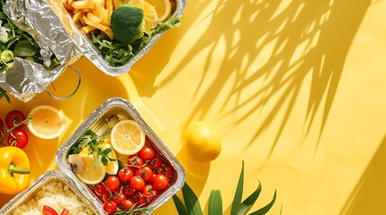 Healthy food delivery. Take away of organic daily meal on yellow, copy space. Clean eating concept, healthy food, fitness nutrition take away in foil boxes, top view. : Generative AI