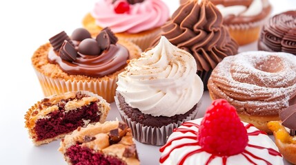Fresh and delicious bakery desserts and sweets, closeup, isolated on white background. apple pie, chocolate chip cookies, cream puff, red velvet cake, cupcake. Bakery food set and coll : Generative AI