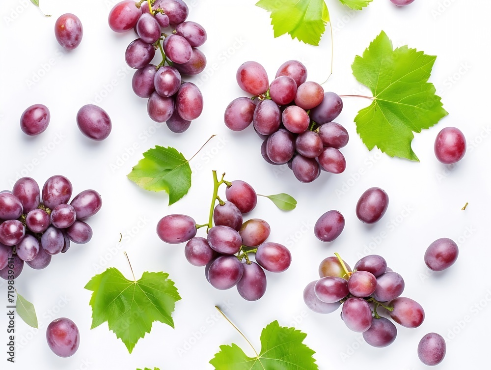 Poster Red grapes with green leaves and half sliced isolated on white background. Top view. Flat lay. Grape pattern texture background. : Generative AI