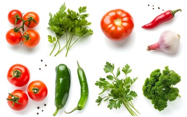 mix set collection vegetable fresh isolated on white background onion tomato Pea parsley chili pepper : Generative AI