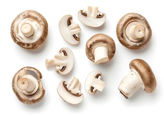 Set of fresh whole and sliced champignon mushrooms isolated on white background. Top view : Generative AI