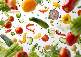 Many different fresh vegetables falling on white background : Generative AI