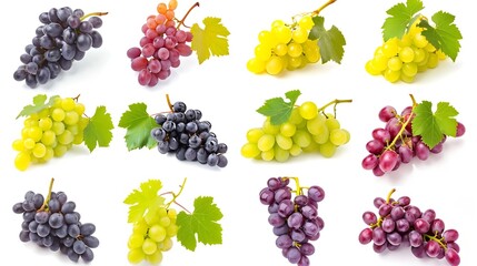 Set of grapes of different varieties and colors, isolated on a white background. : Generative AI