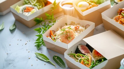 Restaurant healthy food delivery in take away boxes for daily nutrition on white background : Generative AI