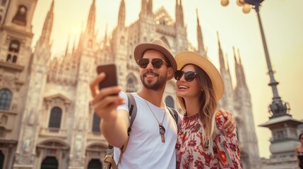 Happy couple taking selfie in front of Duomo cathedral in Milan, Lombardia - Two tourists having fun on romantic summer vacation in Italy - Holidays and traveling lifestyle concept : Generative AI - obrazy, fototapety, plakaty