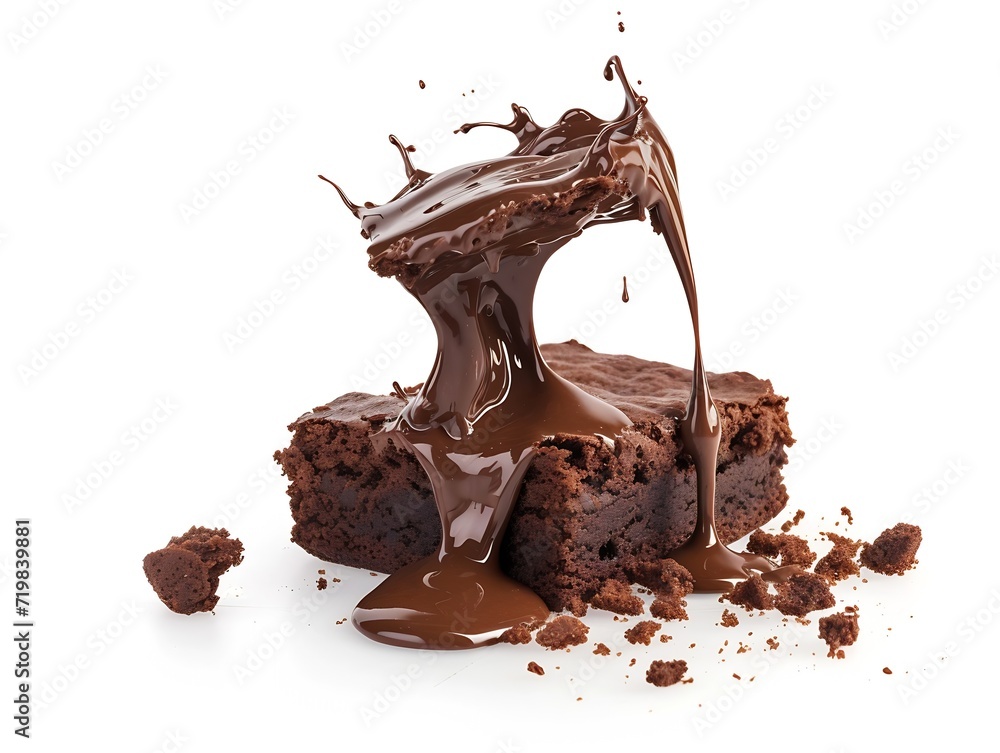 Poster chocolate flowing on brownie isolated on white background : generative ai