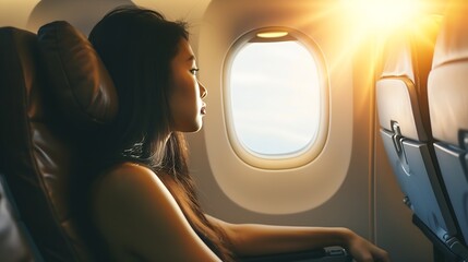 Asian woman sitting in a seat in airplane and looking out the window going on a trip vacation travel concept : Generative AI - obrazy, fototapety, plakaty
