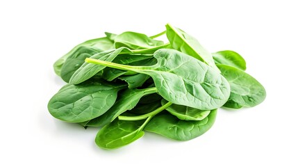 Pile of fresh green baby spinach leaves isolated on white background. Espinach Close up. Flat lay. Food concept. : Generative AI