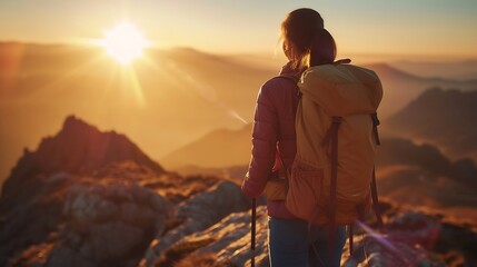 Hipster young girl with backpack enjoying sunset on peak of foggy mountain. Tourist traveler on...