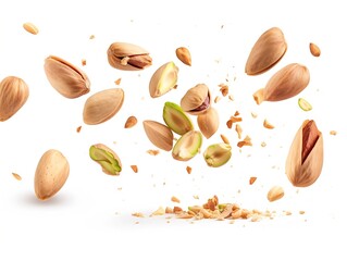 A set with Flying in air fresh raw whole and cracked pistachios, almonds and hazelnut isolated on white background. Concept of Pistachios almonds and hazelnut is torn to pieces close-u : Generative AI - obrazy, fototapety, plakaty