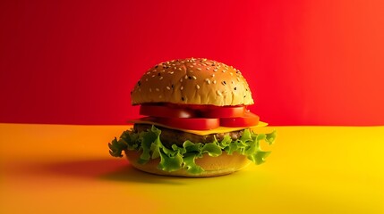 Delicious fish burger with tomatoes, cheese slices and fresh lettuce on yellow and red background :...