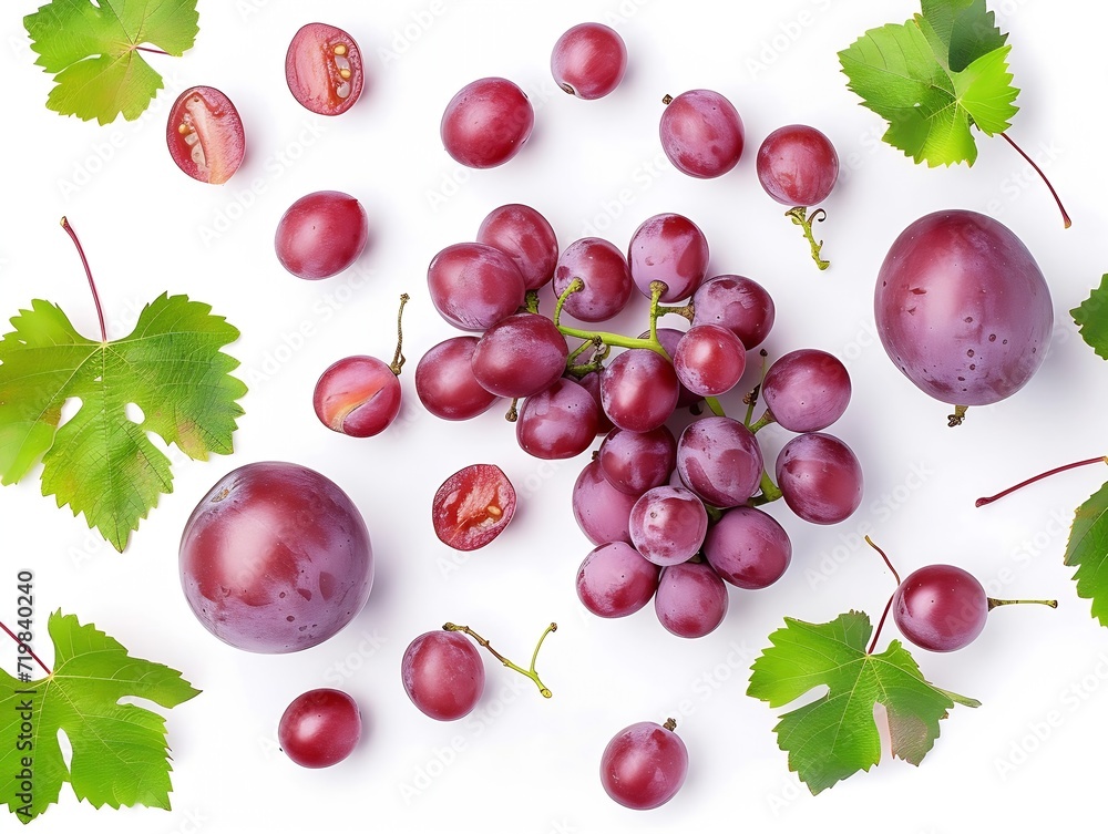 Aufkleber Red grapes with green leaves and half sliced isolated on white background. Top view. Flat lay. Grape pattern texture background. : Generative AI