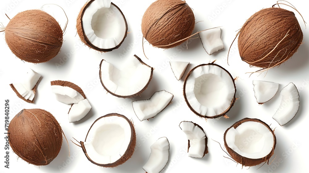 Poster set of fresh whole and half coconut and slices isolated on white background, top view : generative a