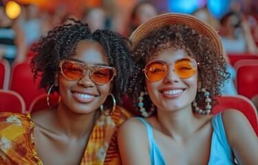 Obraz premium A young, black lady and her female companion are at the movies.