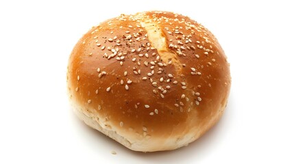 Top view shot of a hamburger bread bun, isolated on white background. The freshly baked, golden brown color and a sprinkling of sesame seeds on top. : Generative AI