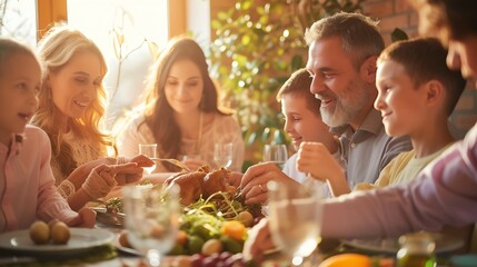 Happy multigenertional family having Easter dinner together. : Generative AI