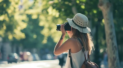 Side view of calm young female traveler in casual summer clothes taking photo of green trees on photo camera while exploring nature in barcelona : Generative AI