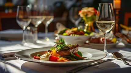 food plate table lunch dinner dish meal meat gourmet : Generative AI