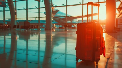 Suitcases in airport departure lounge, airplane in background, summer vacation concept, traveler suitcases in airport terminal waiting area, empty hall interior with large windows, foc : Generative AI