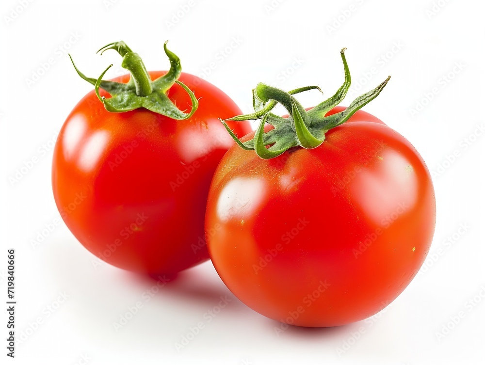 Poster tomato isolated on white background. fresh red two tomato : generative ai