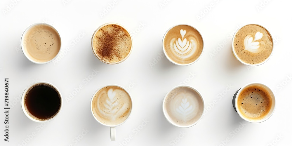 Poster set of paper take away cups of different coffee latte or cappuccino isolated on white background, to