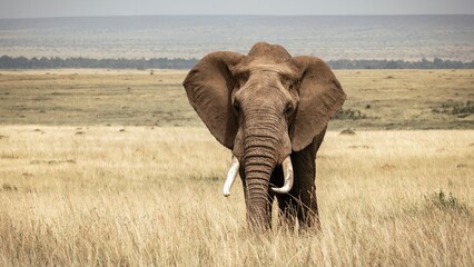 African elephant roaming the grasslands of the Masai Mara in Kenya. Elephant is walking towards the camera, panoramic 16x9 format, front view, background bokeh blurred out, textured skin details. - obrazy, fototapety, plakaty