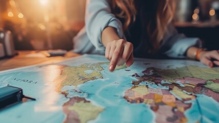 Tourist planning vacation with the help of world map with other travel accessories around. Young woman pointing at North America on the world map. : Generative AI