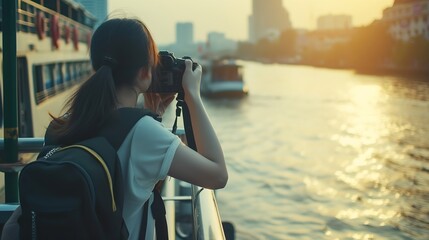 Young Asian woman backpack traveler using a camera in express boat pier on Chao Phraya River in Bangkok. Journey trip lifestyle, world travel explorer or Asia summer tourism concept. : Generative AI - obrazy, fototapety, plakaty