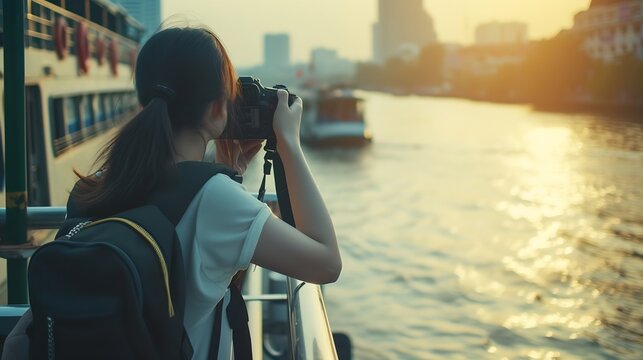Young Asian woman backpack traveler using a camera in express boat pier on Chao Phraya River in Bangkok. Journey trip lifestyle, world travel explorer or Asia summer tourism concept. : Generative AI