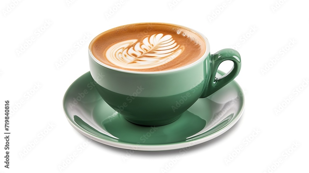 Aufkleber Side view of hot latte coffee with latte art in a ceramic green cup and saucer isolated on white background with clipping path inside. Image Stacking Techniques. : Generative AI