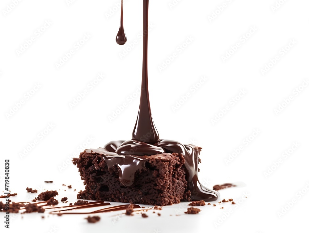 Poster chocolate flowing on brownie isolated on white background : generative ai