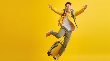 Excited happy young Asian man tourist with luggage jumping isolated on yellow studio background : Generative AI