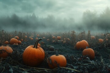 A mysterious and foggy pumpkin patch with pumpkins of various sizes