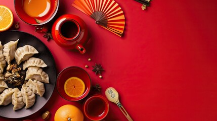 Obraz na płótnie Canvas flat lays a traditional food eaten during Lunar New Year on red background - AI Generated Abstract Art
