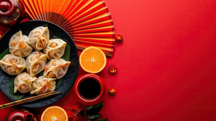 Obraz na płótnie Canvas Gyoza or Jiaozi commonly eaten during Chinese New Year or Lunar with copy space on red background - AI Generated Abstract Art
