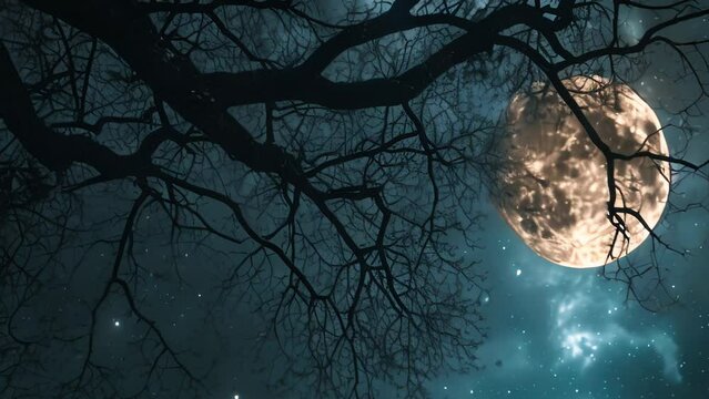 Fantasy night Tree branches and full moon in starry sky