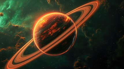 A neon orange planet with glowing rings orbits a bright green star.
