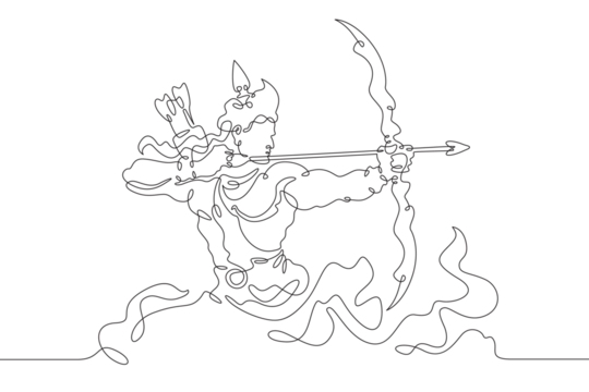 Lord Rama with arrow and bow. Celebrations of Sri Rama Navami. Mystic Archer.India.One continuous line drawing. Linear. Hand drawn, white background. One line - Powered by Adobe