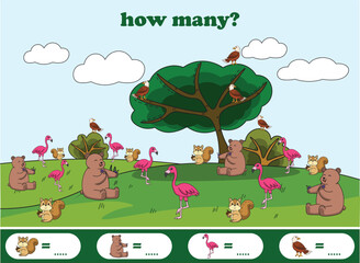 Fototapeta premium Counting game for kids with wildlife animals. Printable worksheet for math lessons. Vector illustration