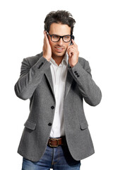 Phone call, white background and business man for communication, contact and chatting online....