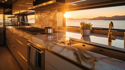 Sleek marble countertops and golden fixtures adorn the cabins galley kitchen, while the warm golden light from the sunset casts a soft glow throughout the space. - obrazy, fototapety, plakaty